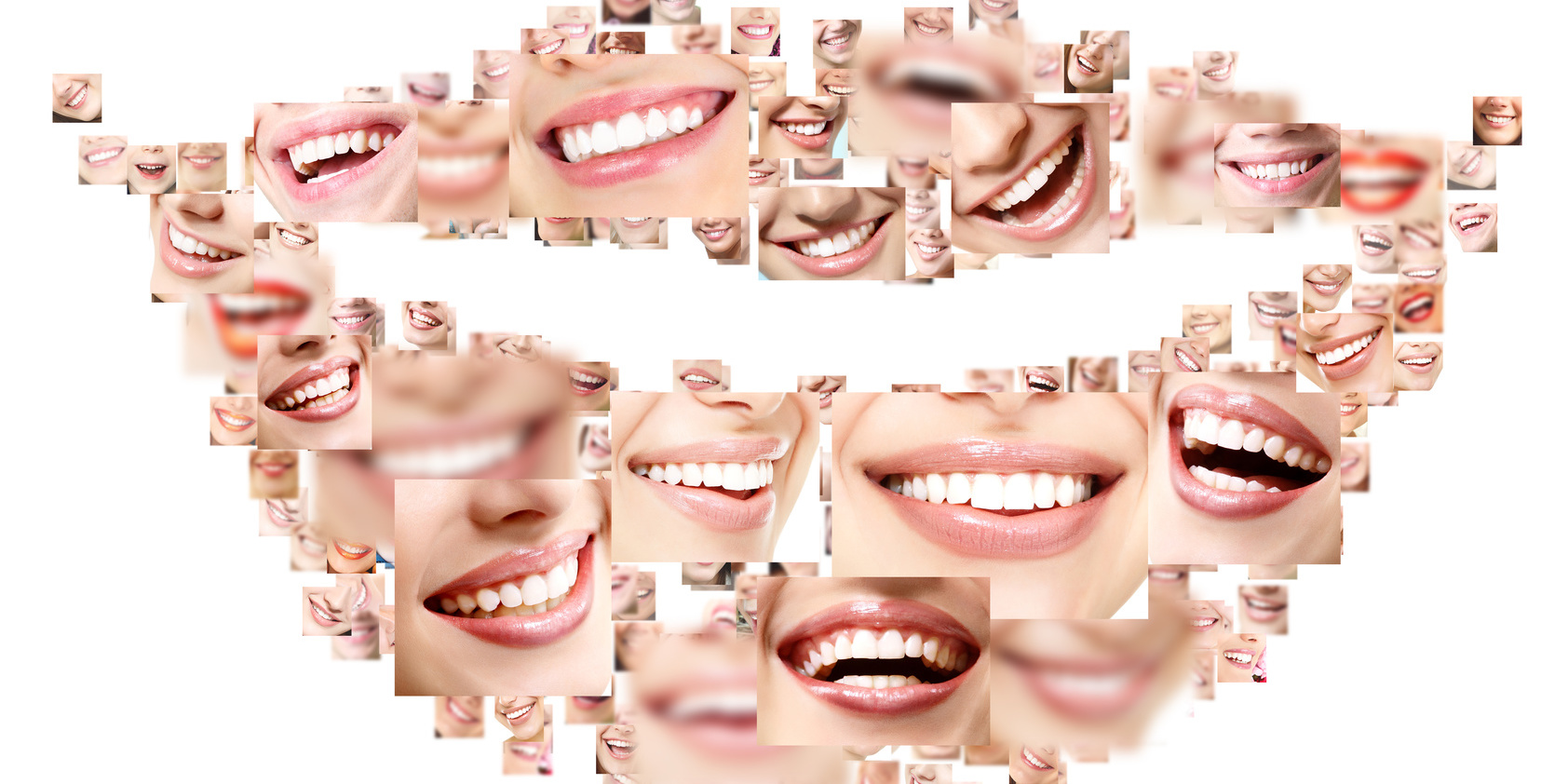 Smile collage of perfect smiling faces closeup. Conceptual set of beautiful wide human smiles with great healthy white teeth. Isolated over white background